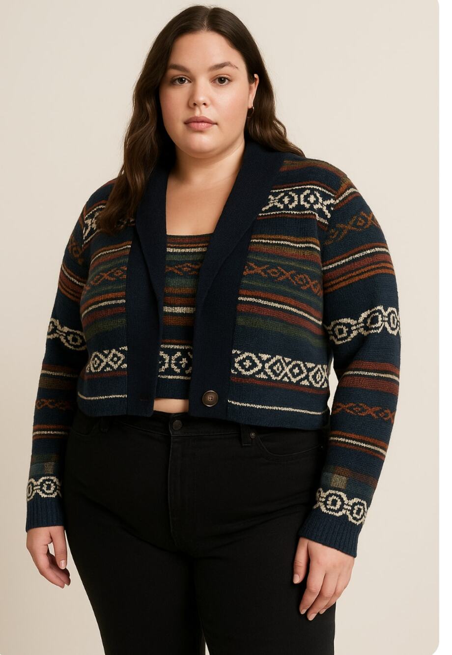 New Identity 100% Cotton Southwestern Knit Cropped Cardigan Jacket Size Large